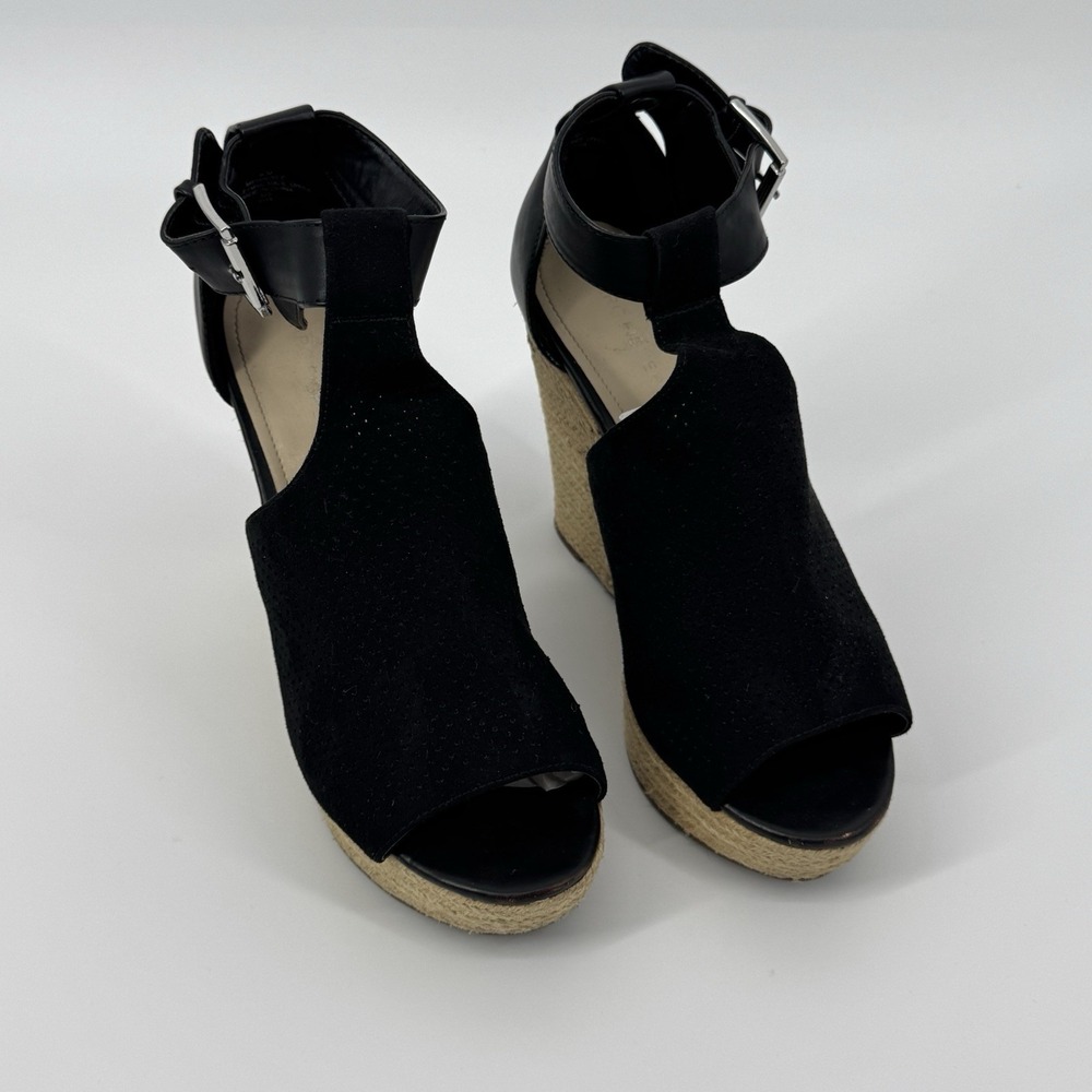 Marc Fisher Black Espadrille Wedge Sandals Ankle Strap Peep Toe Size 9M Coastal